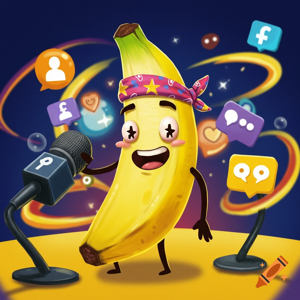 A vibrant cartoon banana wearing a bandana stands on a stage with a microphone, surrounded by floating social media icons.
