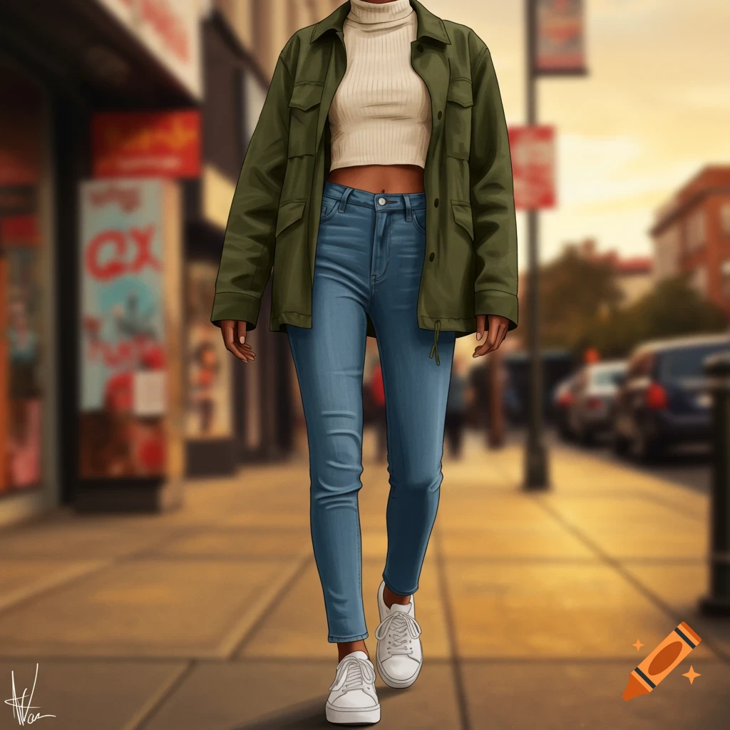 An illustrated person wearing a cream crop top, olive jacket, blue jeans, and white sneakers walks on a city sidewalk.