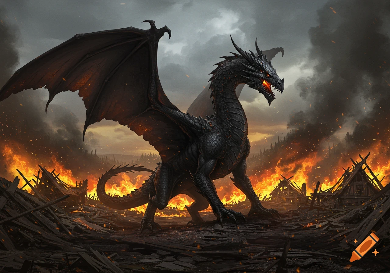 A menacing black dragon stands amidst a burning, ruined village under a smoky sky.