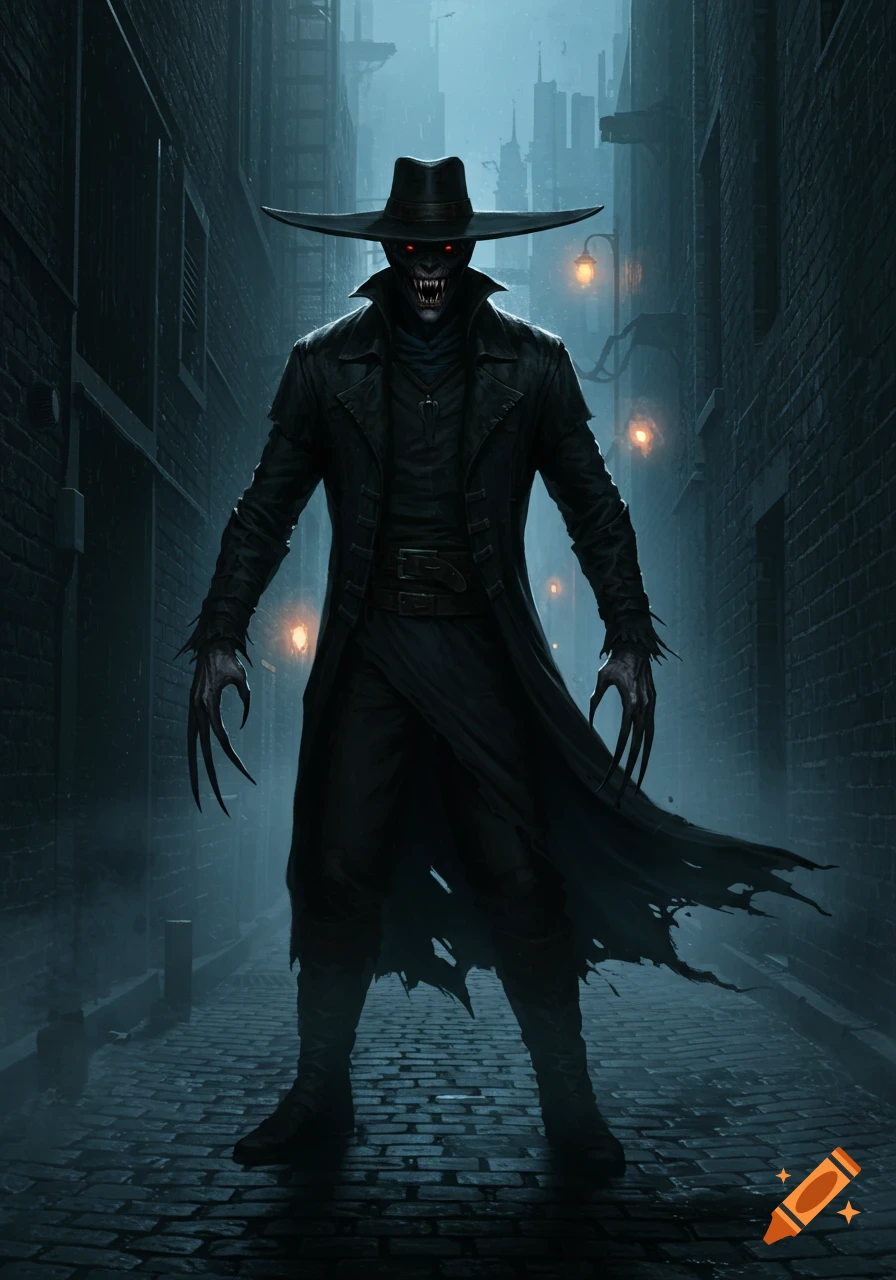 A tall, monstrous figure with red glowing eyes, sharp teeth, and long claws, wearing a wide-brimmed hat and a tattered black trench coat, stands in a dark, misty alleyway.