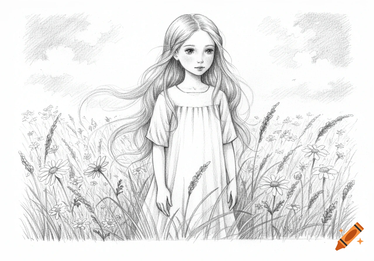 Pencil sketch of a young girl with long hair standing in a field of tall grass and wildflowers under a cloudy sky.