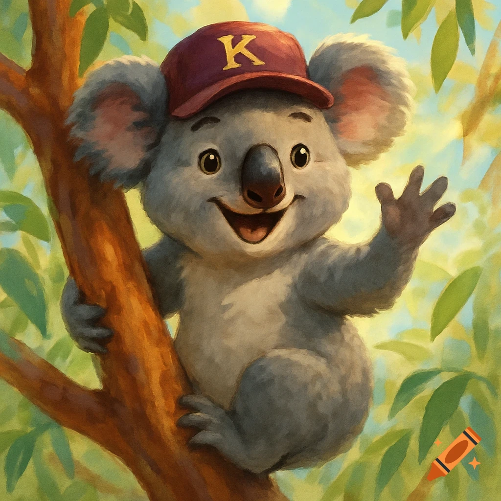 A friendly koala mascot wearing a red cap with a yellow 'K' on it, waving from a tree branch in an illustration.