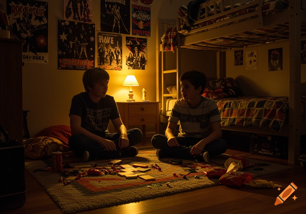 Two boys sit cross-legged on a rug in a dimly lit bedroom, playing a board game. Posters adorn the walls, and a bunk bed is visible in the background.