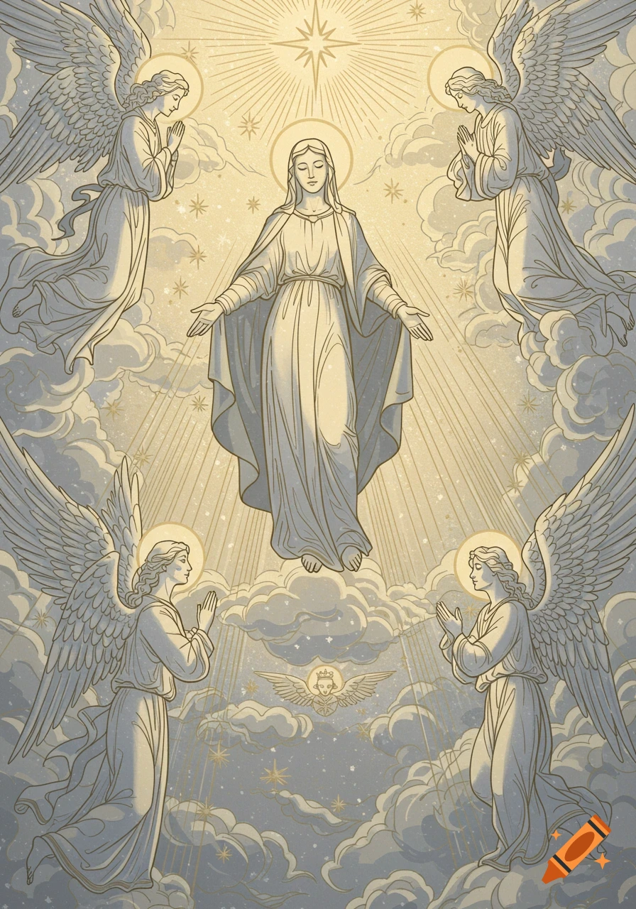 Line art of Mary ascending surrounded by angels, depicted with light rays and clouds.