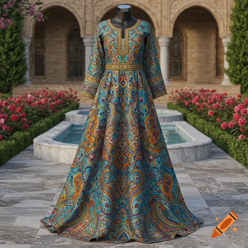 A richly patterned Iranian-style dress on a mannequin in a garden courtyard with fountains.