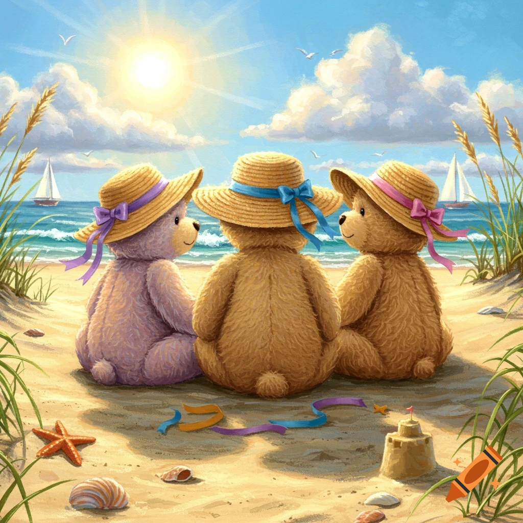 Three teddy bears in straw hats sit on a sunny beach, looking at the ocean with sailboats. Sandcastle, seashells, starfish are visible.