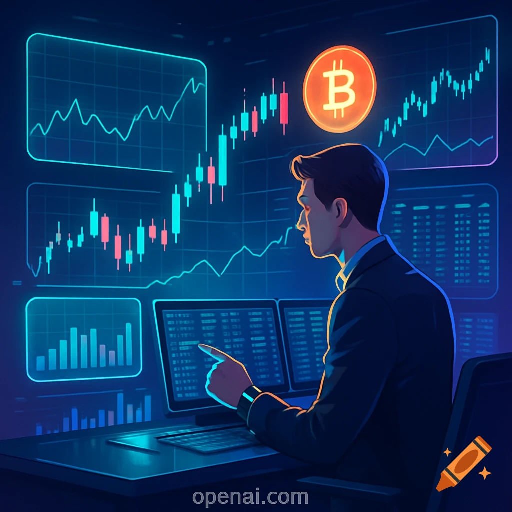 A man in a suit looks at multiple screens displaying cryptocurrency charts and data, with a large Bitcoin symbol in the background.