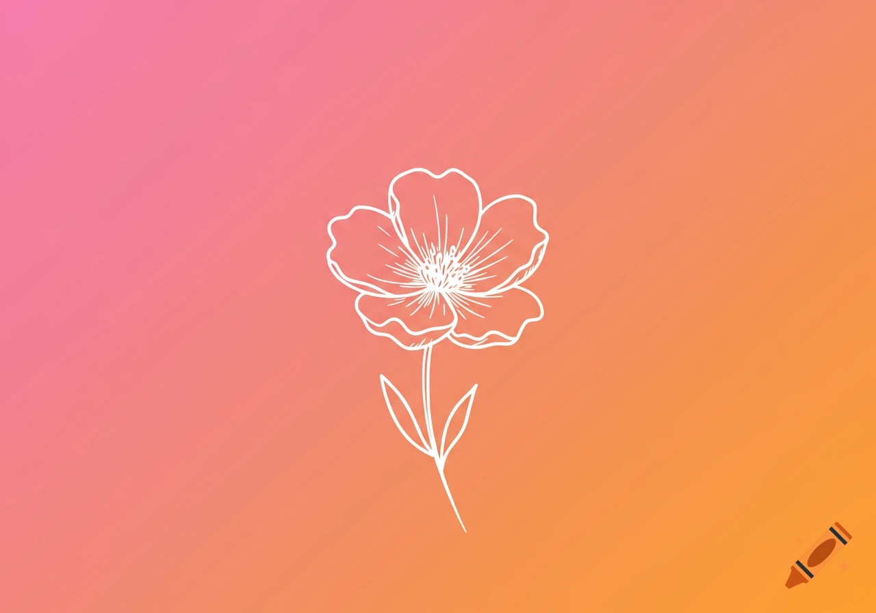 A simple white outline drawing of a flower on a gradient background of pink and orange.