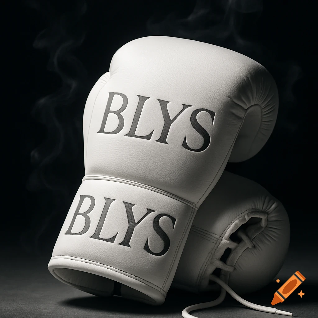 Two white boxing gloves with 'BLYS' written on them, set against a dark, smoky background.