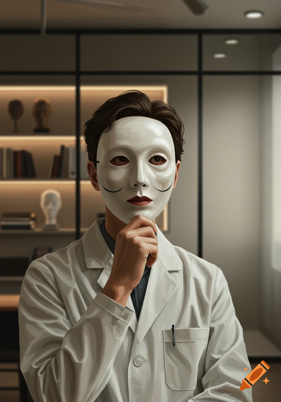 A person in a white lab coat and a white mask with dark markings poses thoughtfully, with shelves and books in the blurred background.