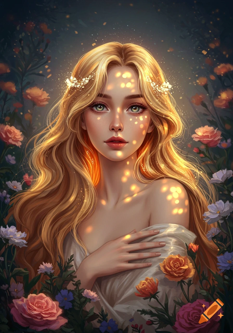 A beautiful woman with long golden hair and sparkling light, surrounded by flowers, in a fantasy art style.