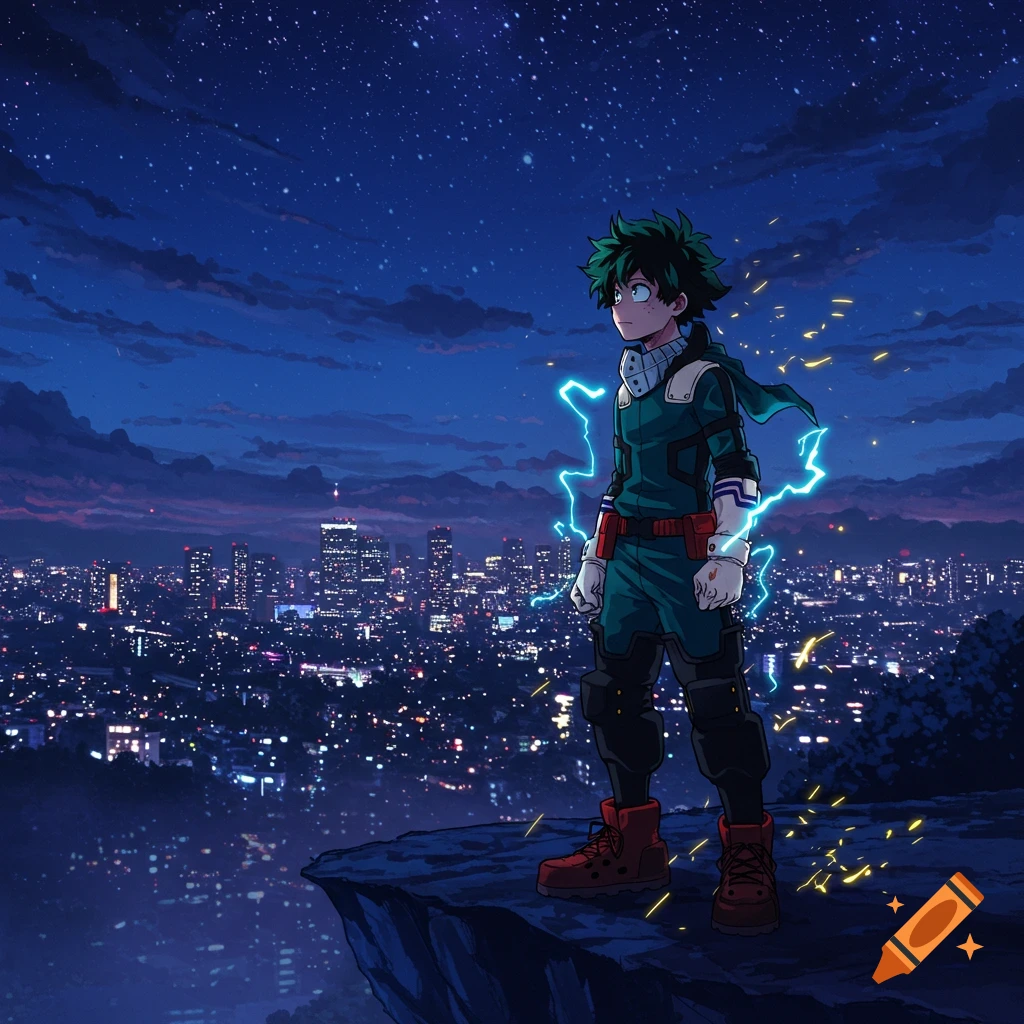 Anime character Deku stands on a cliff with blue lightning, overlooking a sprawling city at night under a starry sky.