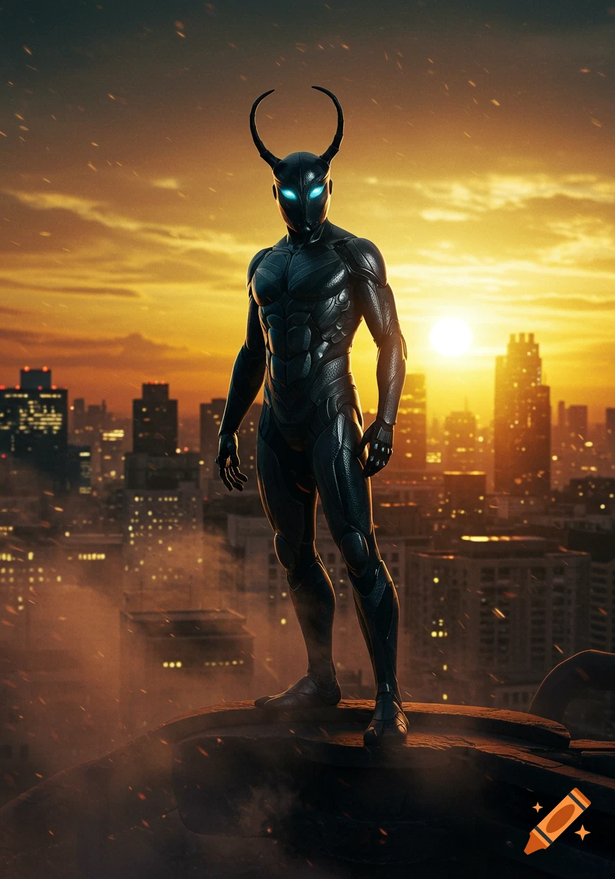 A dark armored superhero with glowing blue eyes and horns stands on a rooftop overlooking a city at sunset.
