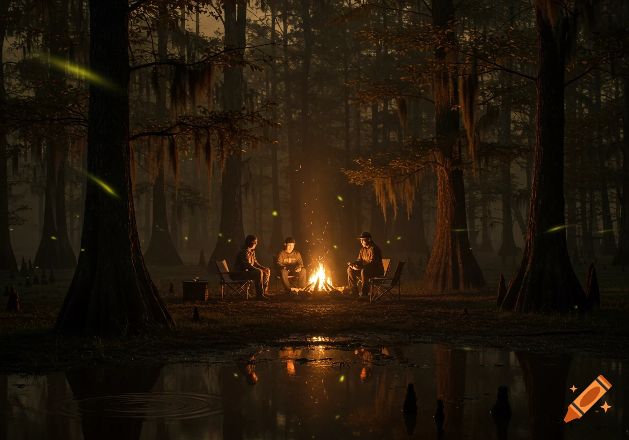Three people sit around a glowing campfire in a dark, misty swamp with tall trees and fireflies, reflected in water.