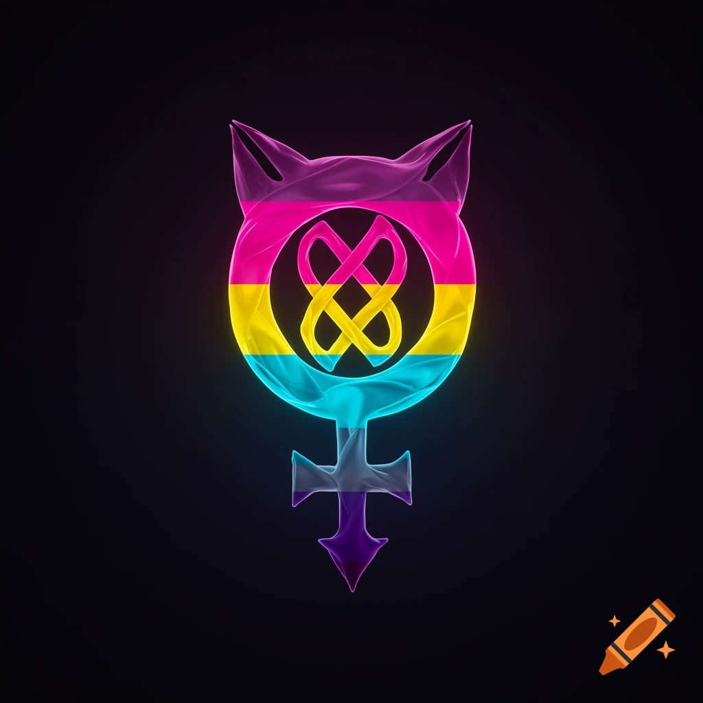 A glowing, stylized symbol resembling a female symbol with cat ears and intertwined knots, colored in pansexual flag colors and purple, on a black background.