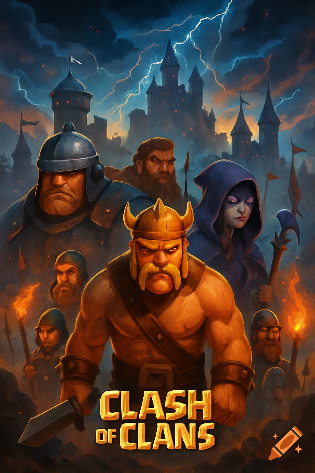 A stylized fantasy movie poster depicts a muscular barbarian warrior in the foreground with a group of diverse warriors and a sorceress behind him, set against dark castles and a stormy, lightning-filled sky. The text "CLASH OF CLANS" is at the bottom.