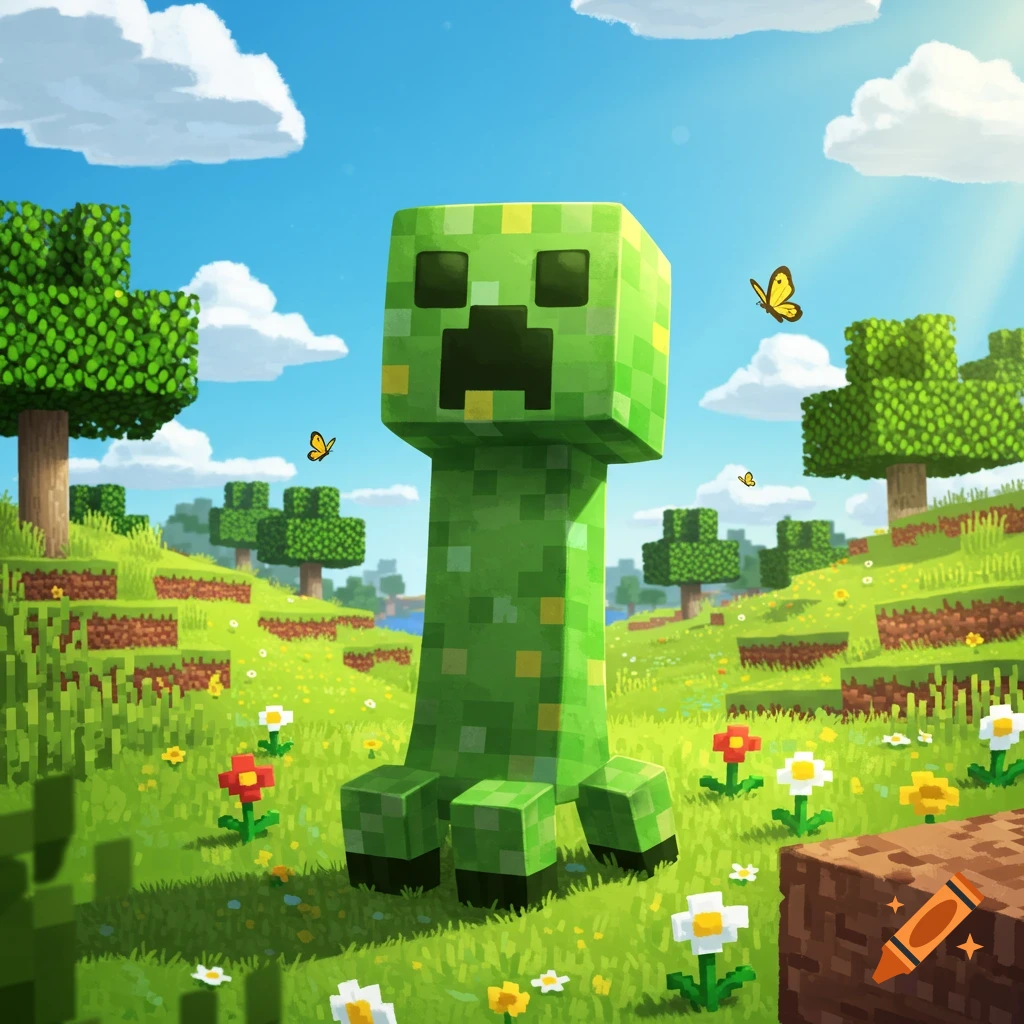 A Minecraft Creeper stands in a vibrant pixelated meadow with trees and ...