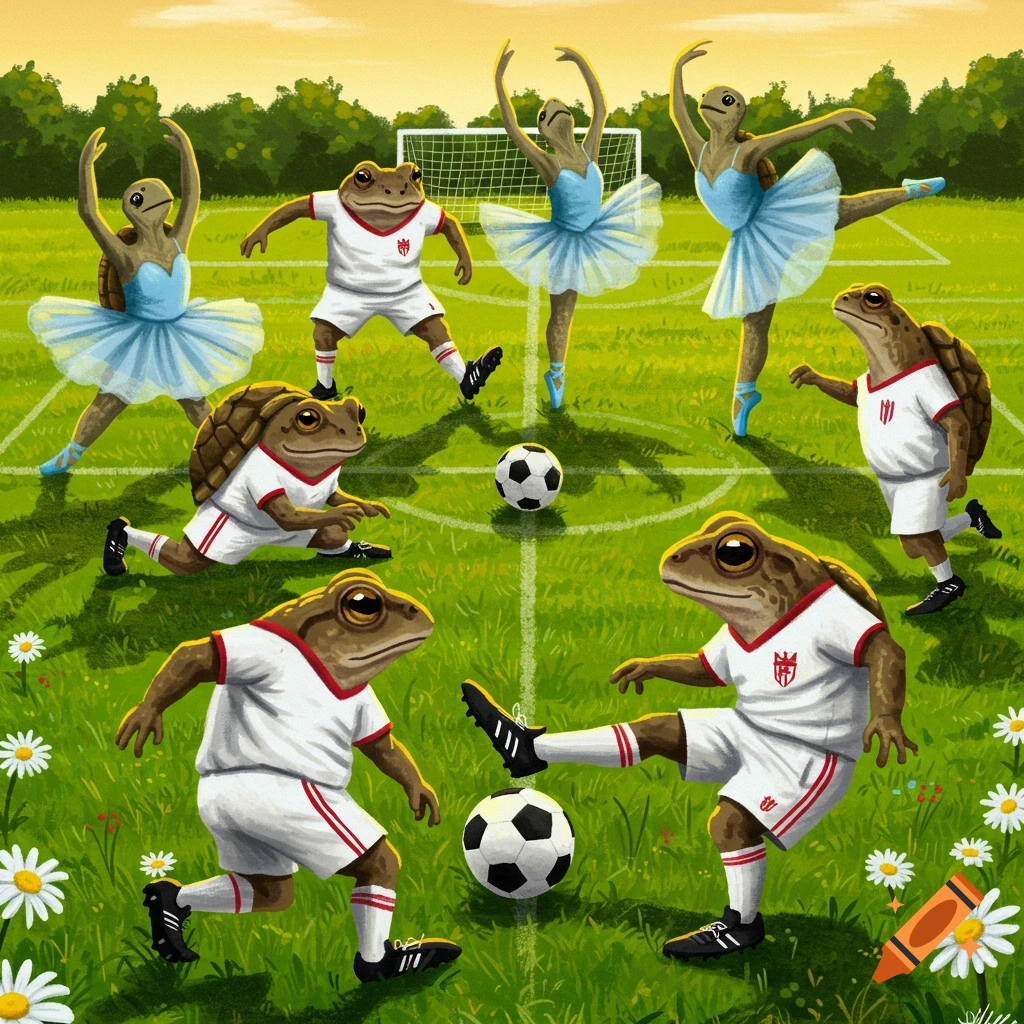 Cartoonish frogs in soccer uniforms and turtles in ballet tutus on a green soccer field at sunset.