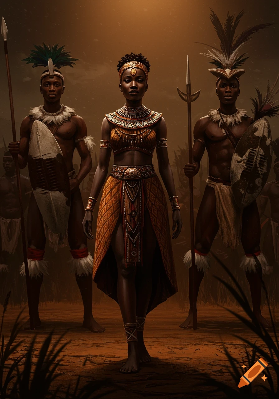 A powerful African queen in ornate traditional attire stands flanked by two muscled warriors with spears and shields in a low-light, warm-toned, photorealistic scene.