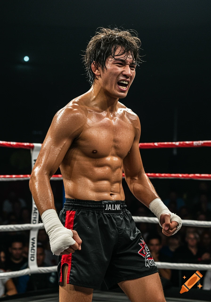 A sweaty male fighter with messy hair shouts in a boxing ring, his muscles tensed.
