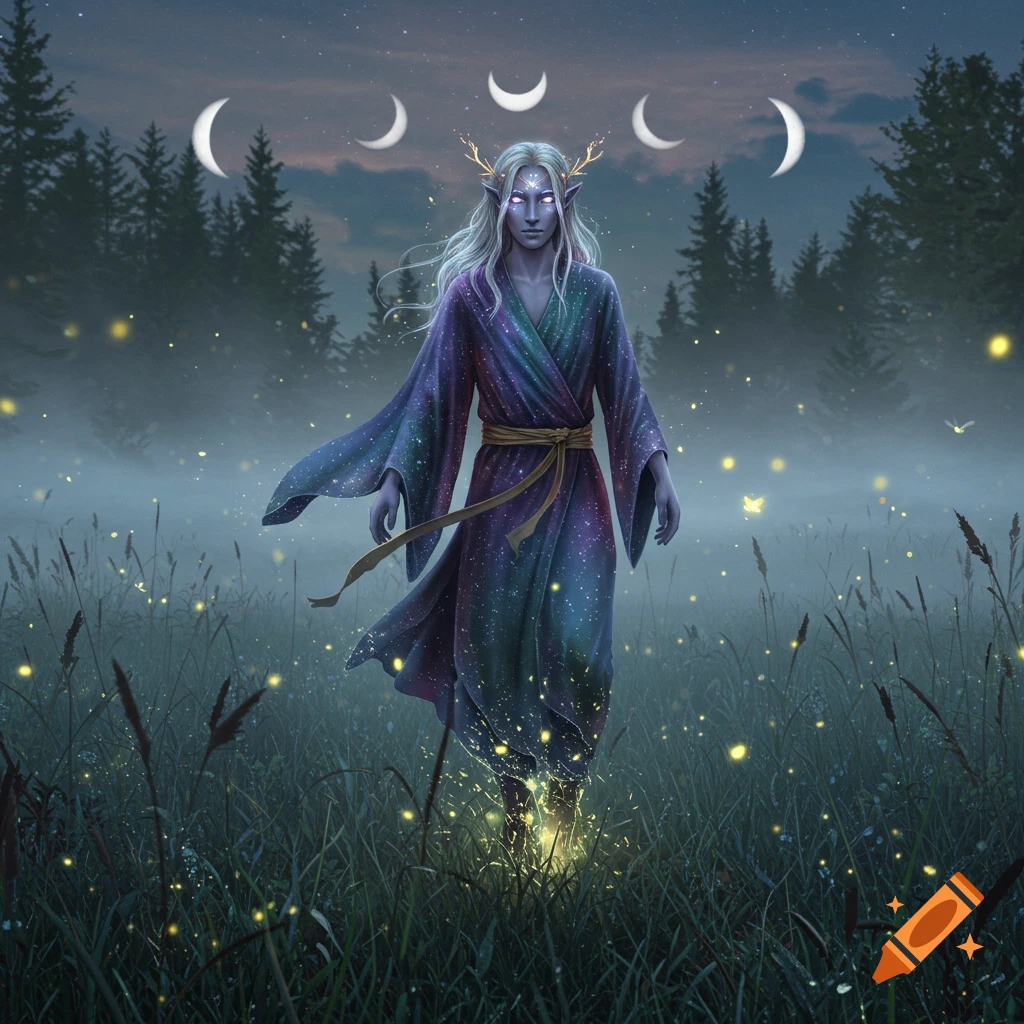 A fantasy elf-like figure with glowing eyes and antlers, wearing a flowing robe, stands in a misty forest at night under multiple moons.