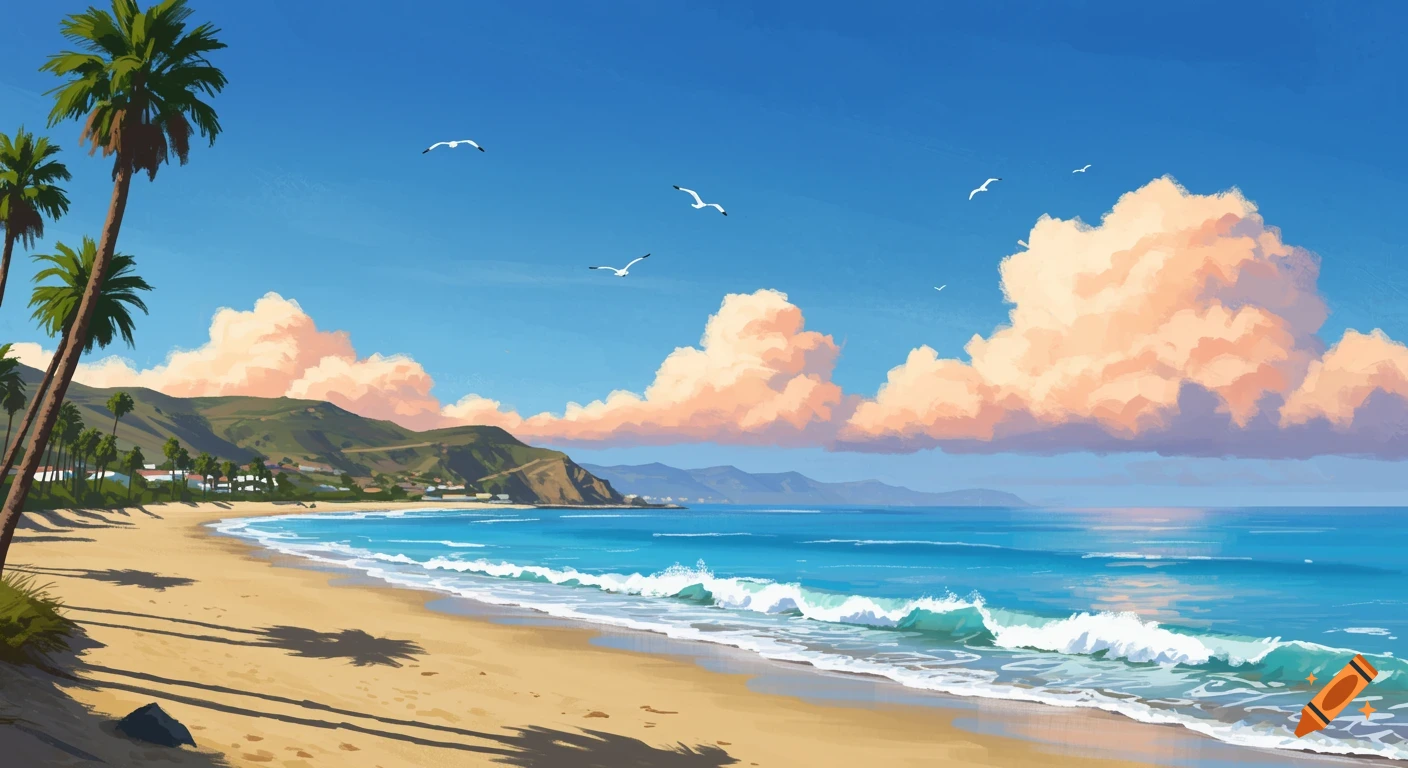 Stylized illustration of a sunny beach with palm trees, blue ocean waves, and pink clouds over distant mountains and seagulls.