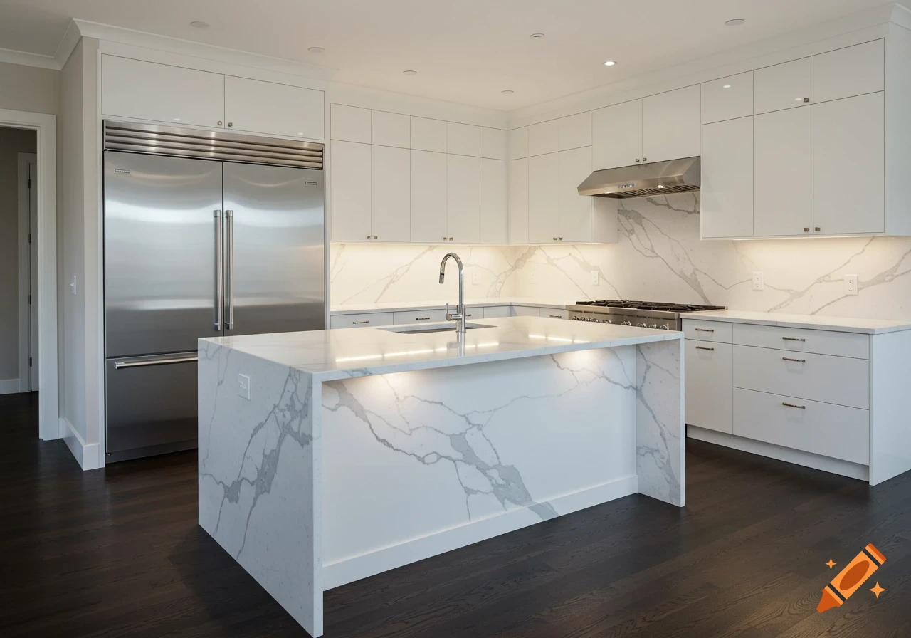 A modern kitchen featuring a white marble island, stainless steel appliances, and dark hardwood floors.