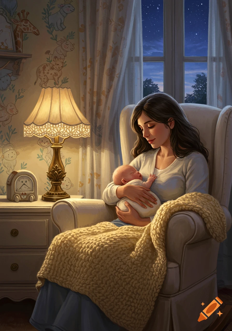 A mother gently cradles her baby in a chair by a window at night in a warmly lit nursery, digital painting.