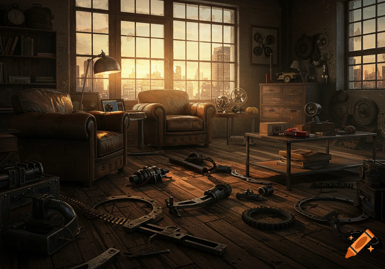 A rustic living room bathed in golden sunlight, featuring two leather armchairs and a wooden floor scattered with mechanical and automotive parts.