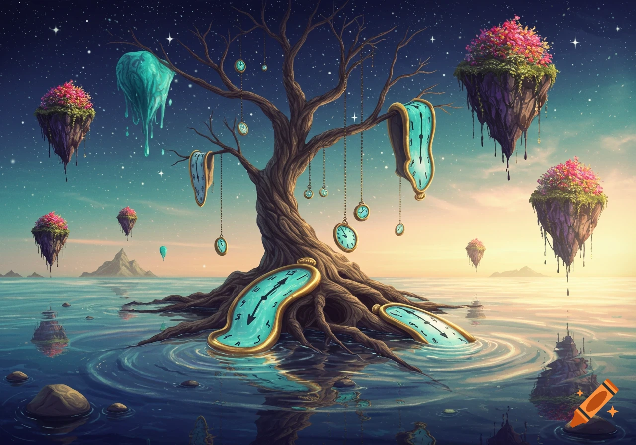 A surreal landscape with a tree, melting clocks, and floating islands over a calm sea under a starry, gradient sky.