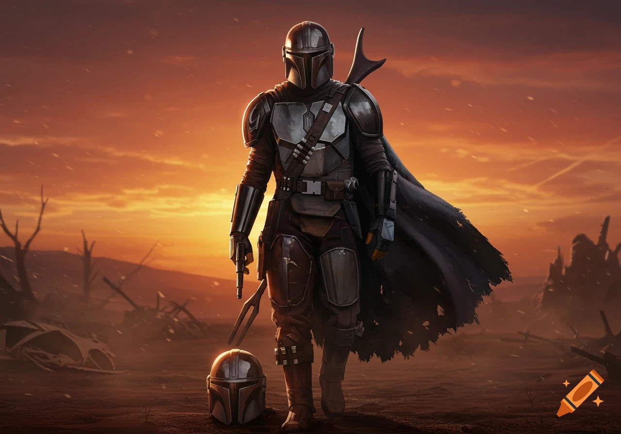 The Mandalorian stands in a battle pose at sunset on a desert planet, with his helmet on the ground.