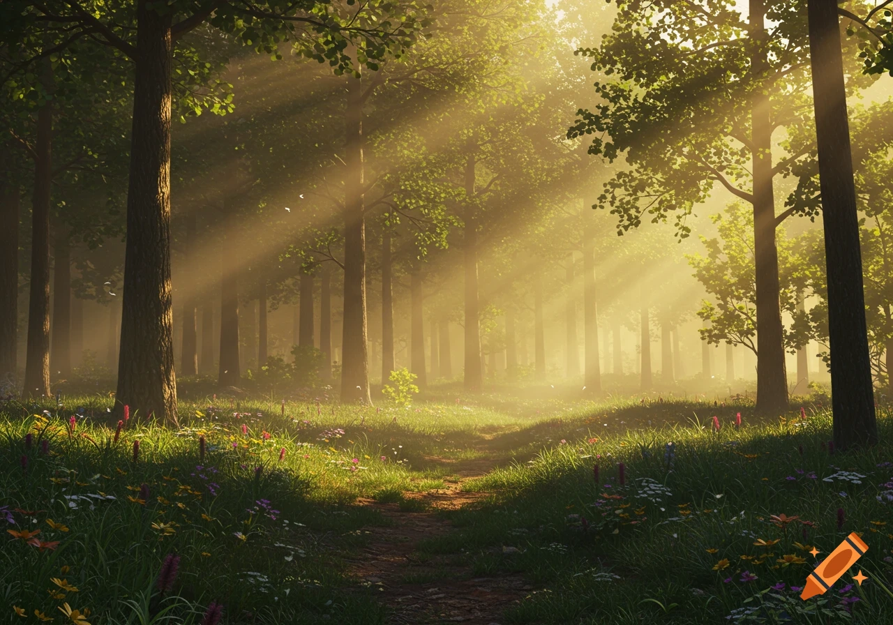 A photorealistic image of a forest with sunbeams illuminating a path and wildflowers.