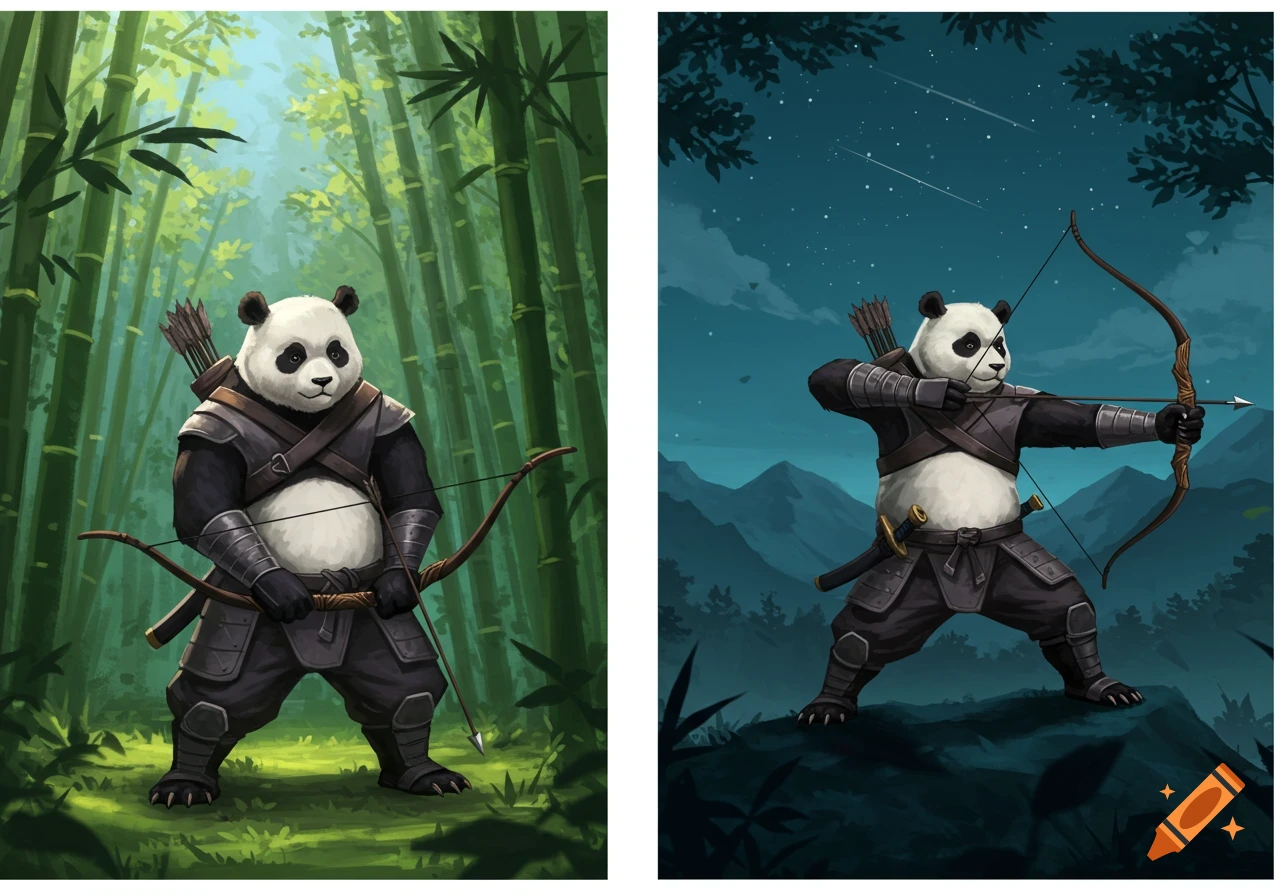Two digital illustrations of a panda archer: one in a bamboo forest during the day, the other on a mountain at night.