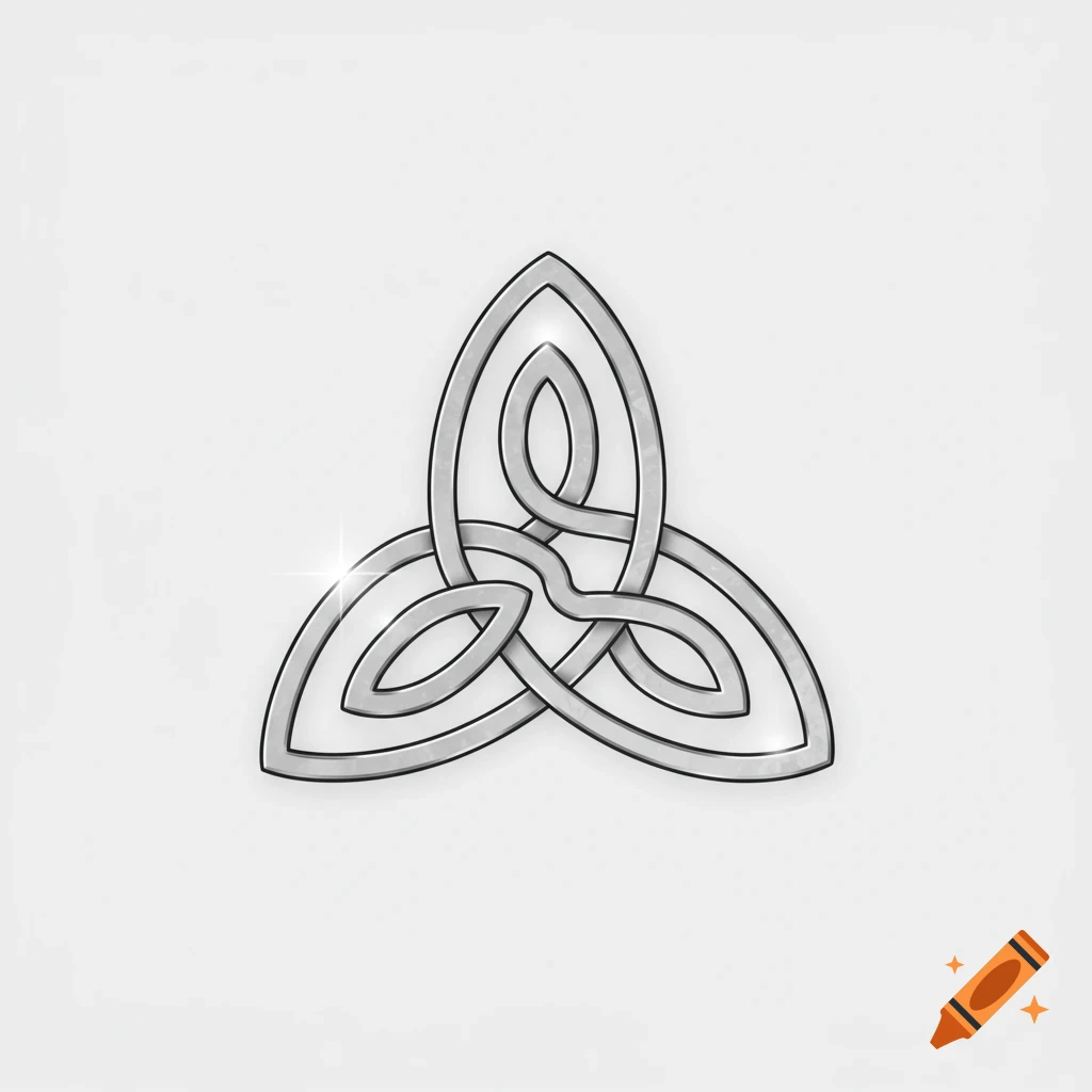 A silver Celtic knot symbol with a shiny finish on a light grey background.