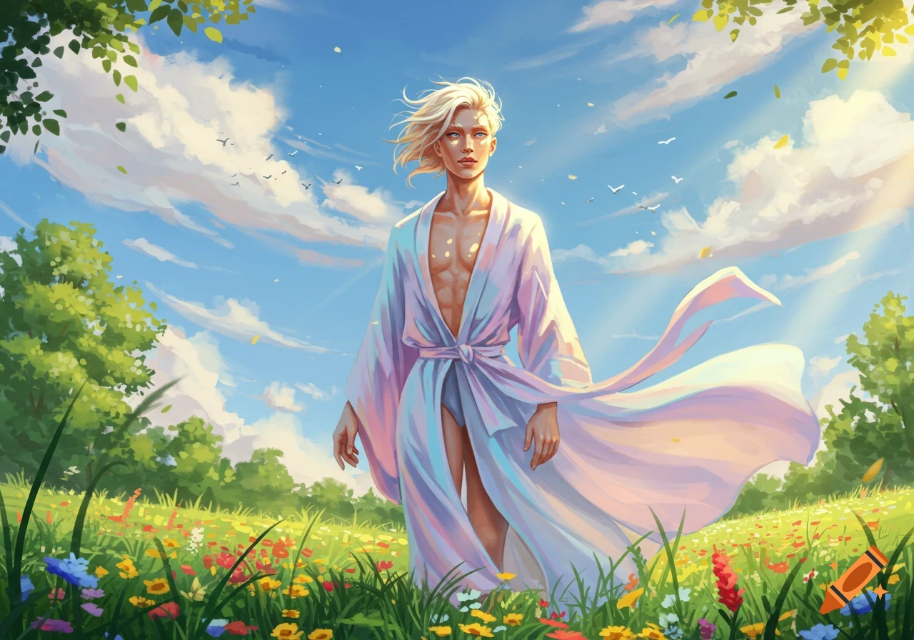 A blond, ethereal person in a flowing white robe stands in a colorful flower field under a bright blue sky.