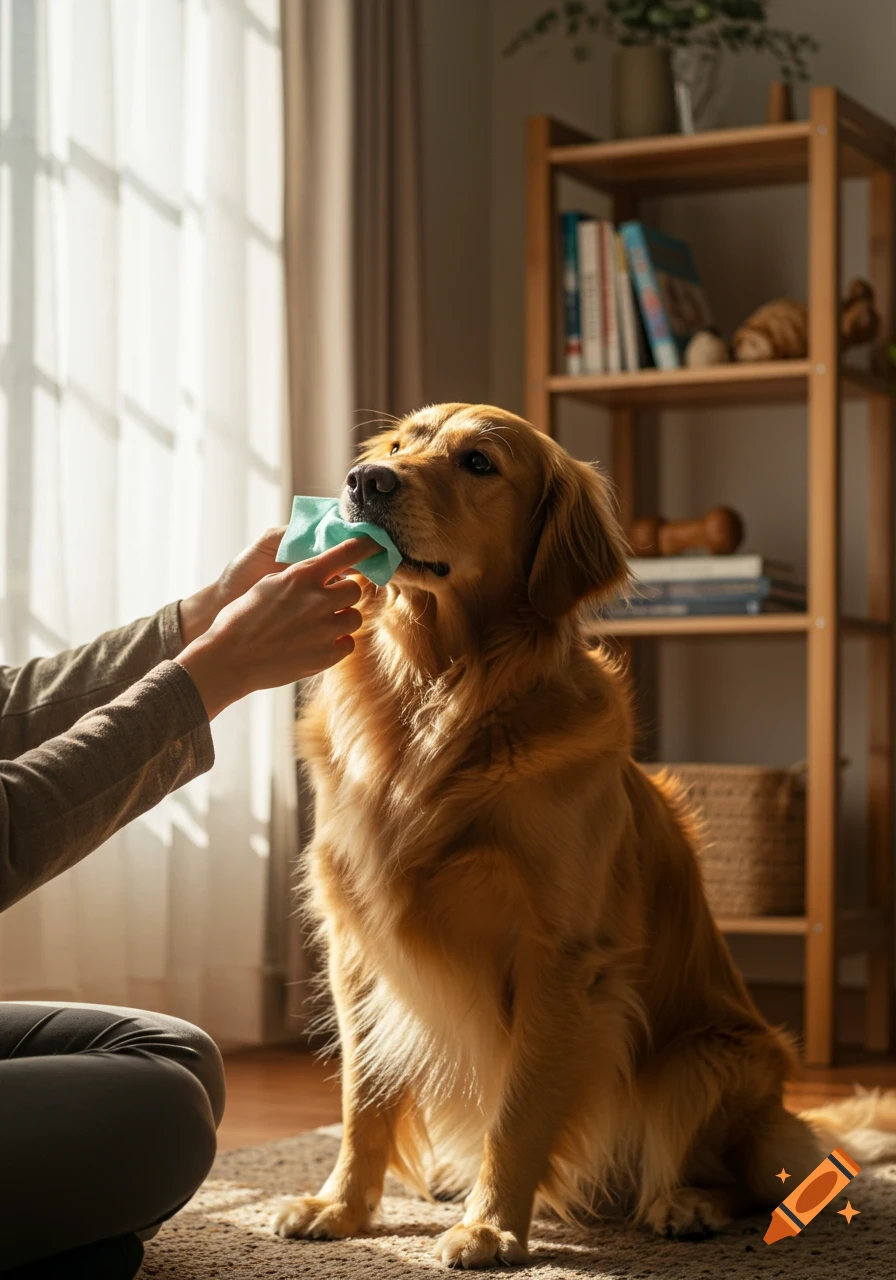 A person's hands clean a golden retriever's teeth with a teal wipe in a sunlit room.