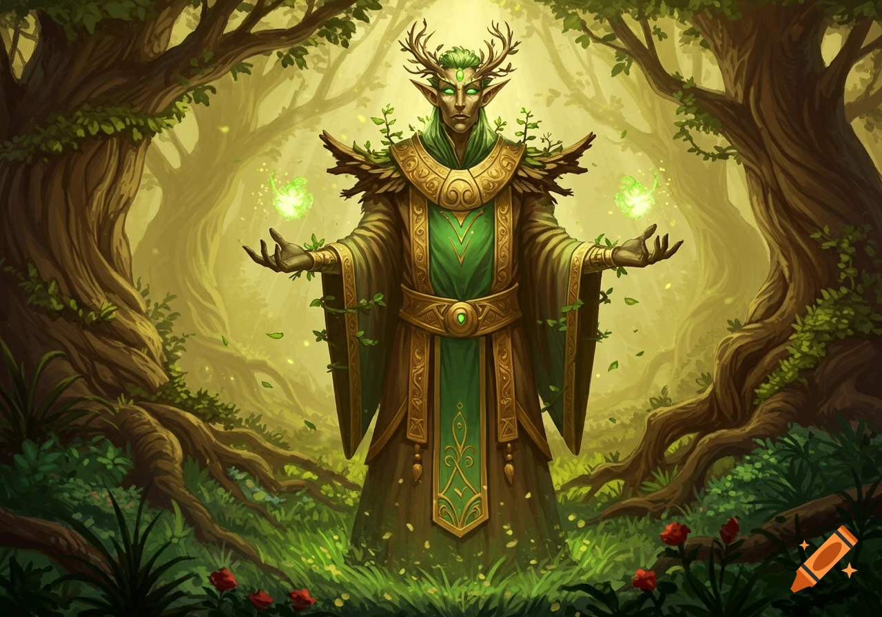 A powerful fantasy druid or elf-like cleric with antlers and green robes stands in a mystical forest, hands outstretched with glowing green magic.