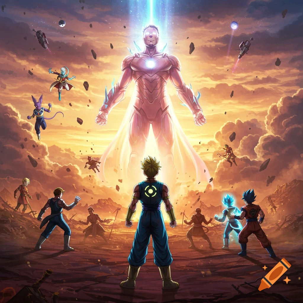 A large, glowing Iron Man-like figure (Godbuster Tony) hovers over anime characters including Goku, Vegeta, and Beerus on a desolate, cloud-filled landscape at sunset.