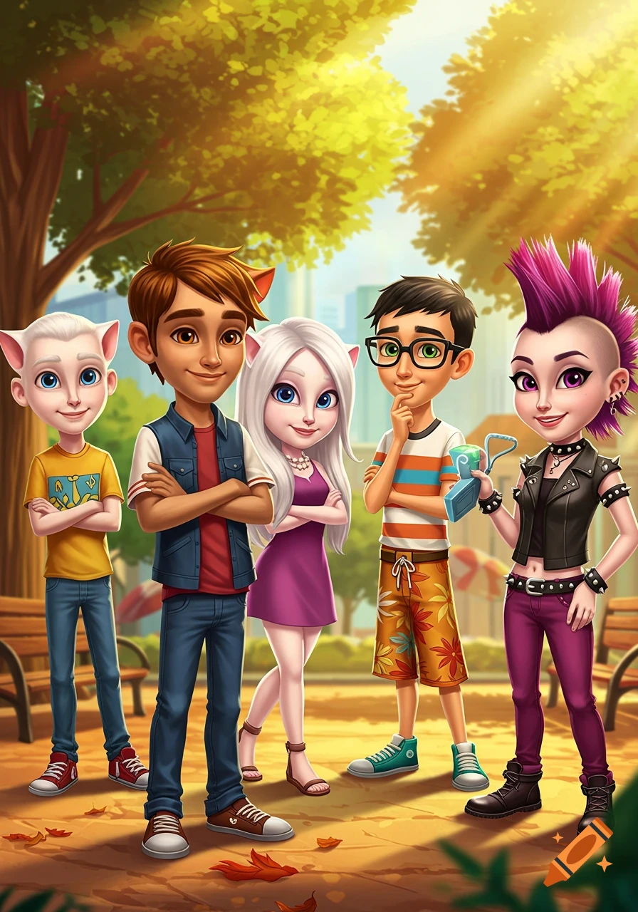 Five cartoon human characters, some with animal-like ears, stand in a sunny park with trees and benches.