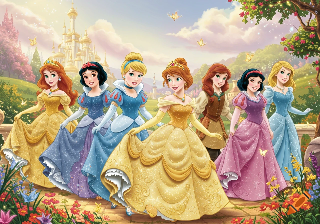 Seven animated princesses in colorful gowns stand in a vibrant garden with a fantasy castle in the background.