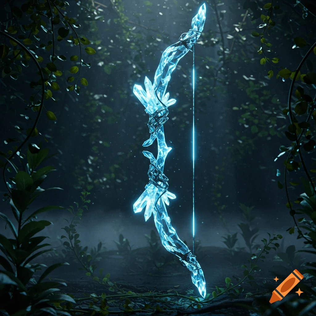 A glowing crystal hunting bow stands upright in a dark, mystical forest.