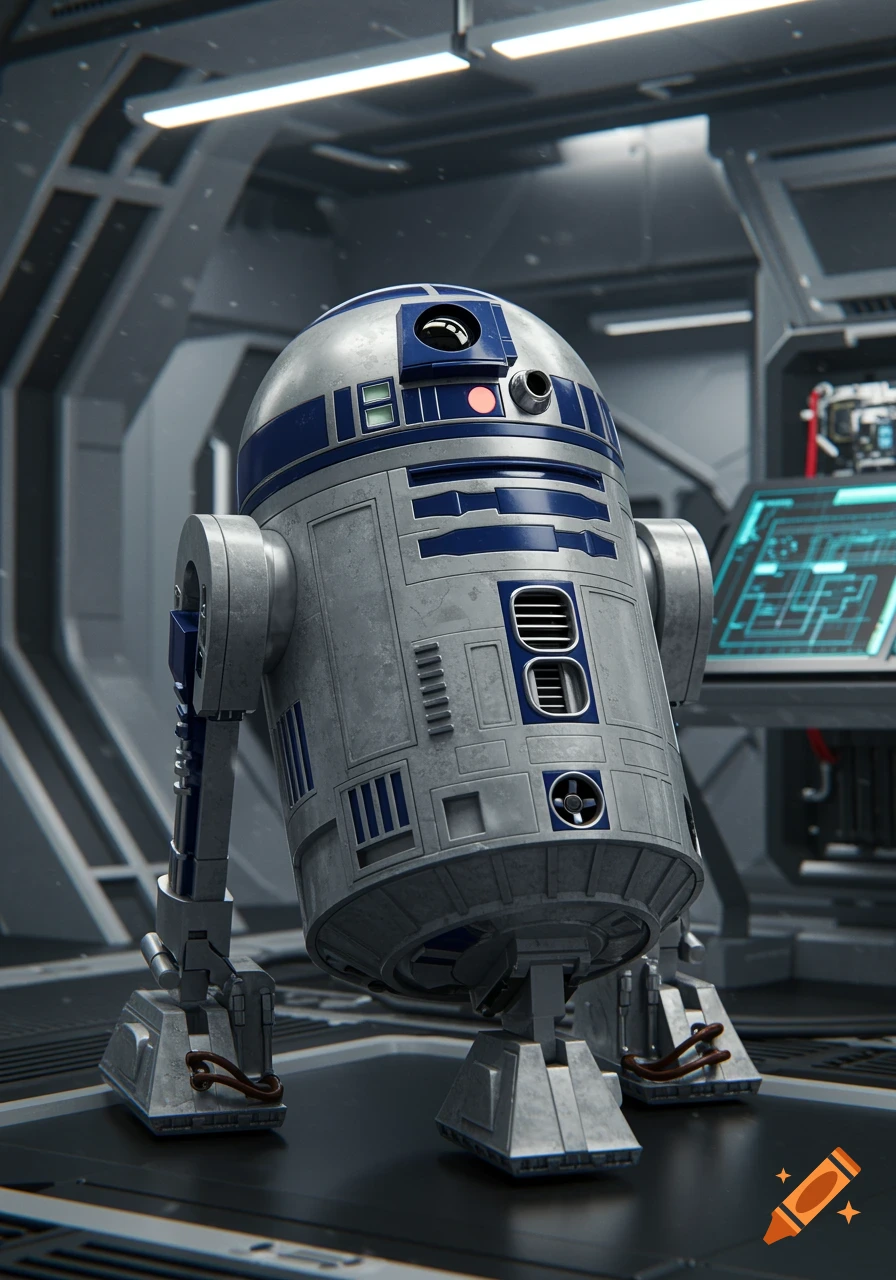 A photorealistic depiction of the R2-D2 robot in a metallic, futuristic room.