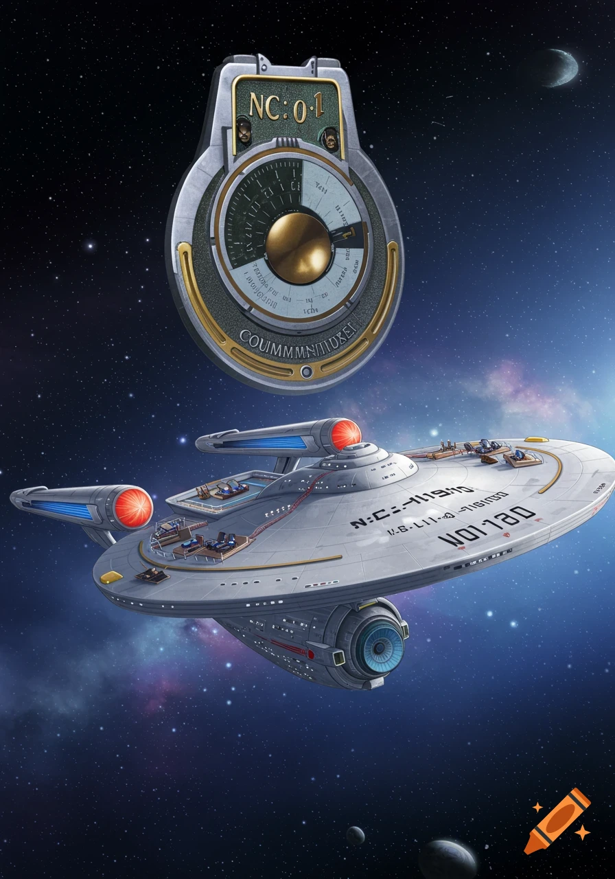 A stylized image of a futuristic spaceship resembling the USS Enterprise in space, with a large, round metallic communicator badge floating above it. Stars and distant planets are visible in the background.
