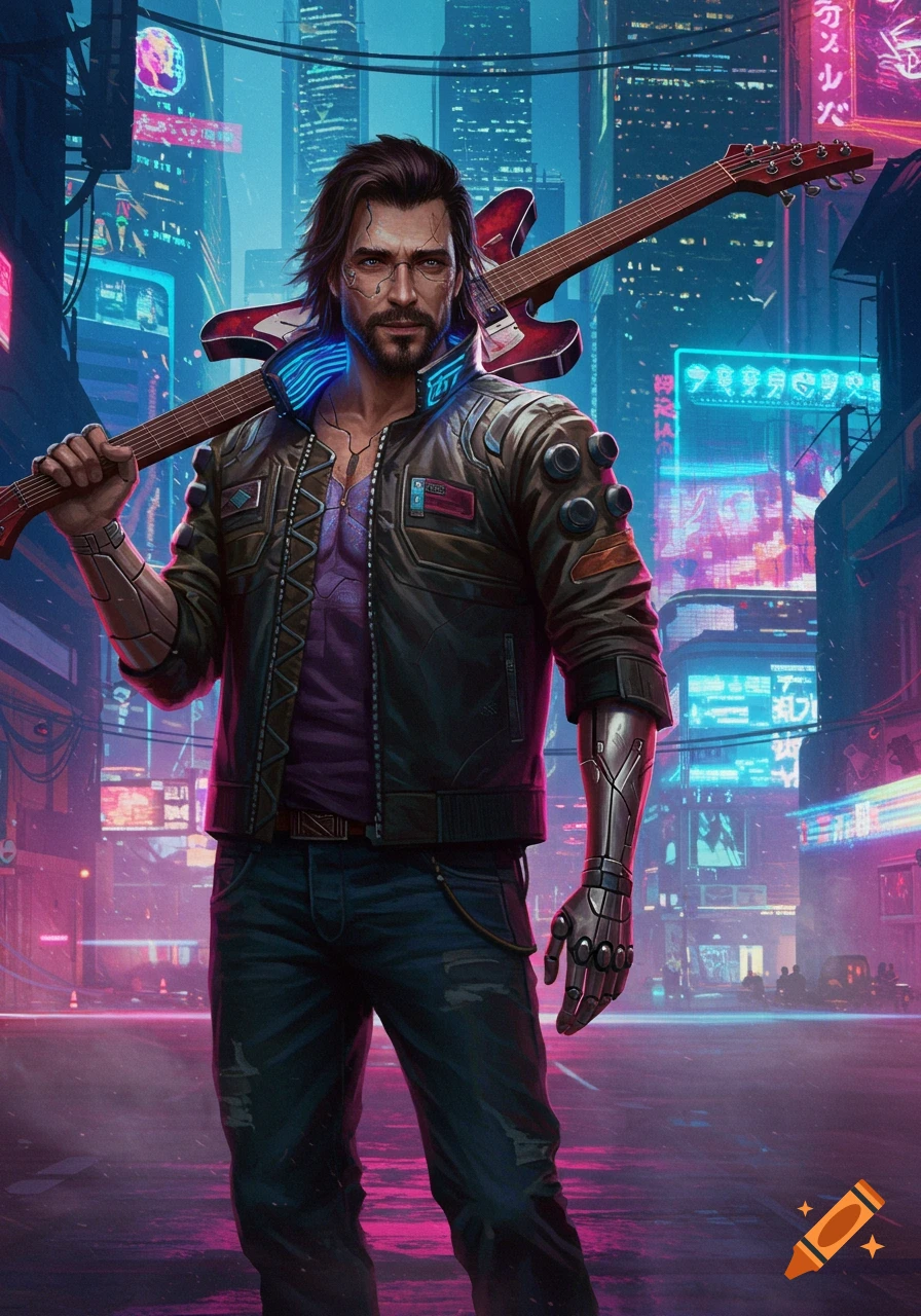 A man in cyberpunk attire with a guitar slung over his shoulder stands on a neon-lit street in a futuristic city.
