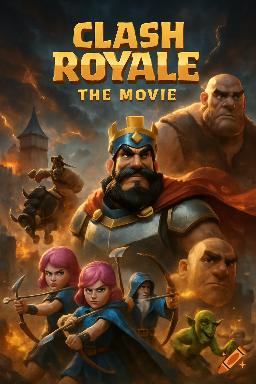 Clash Royale The Movie poster featuring the King, Giant, Archers, Wizard, and other characters in a fantasy battle.
