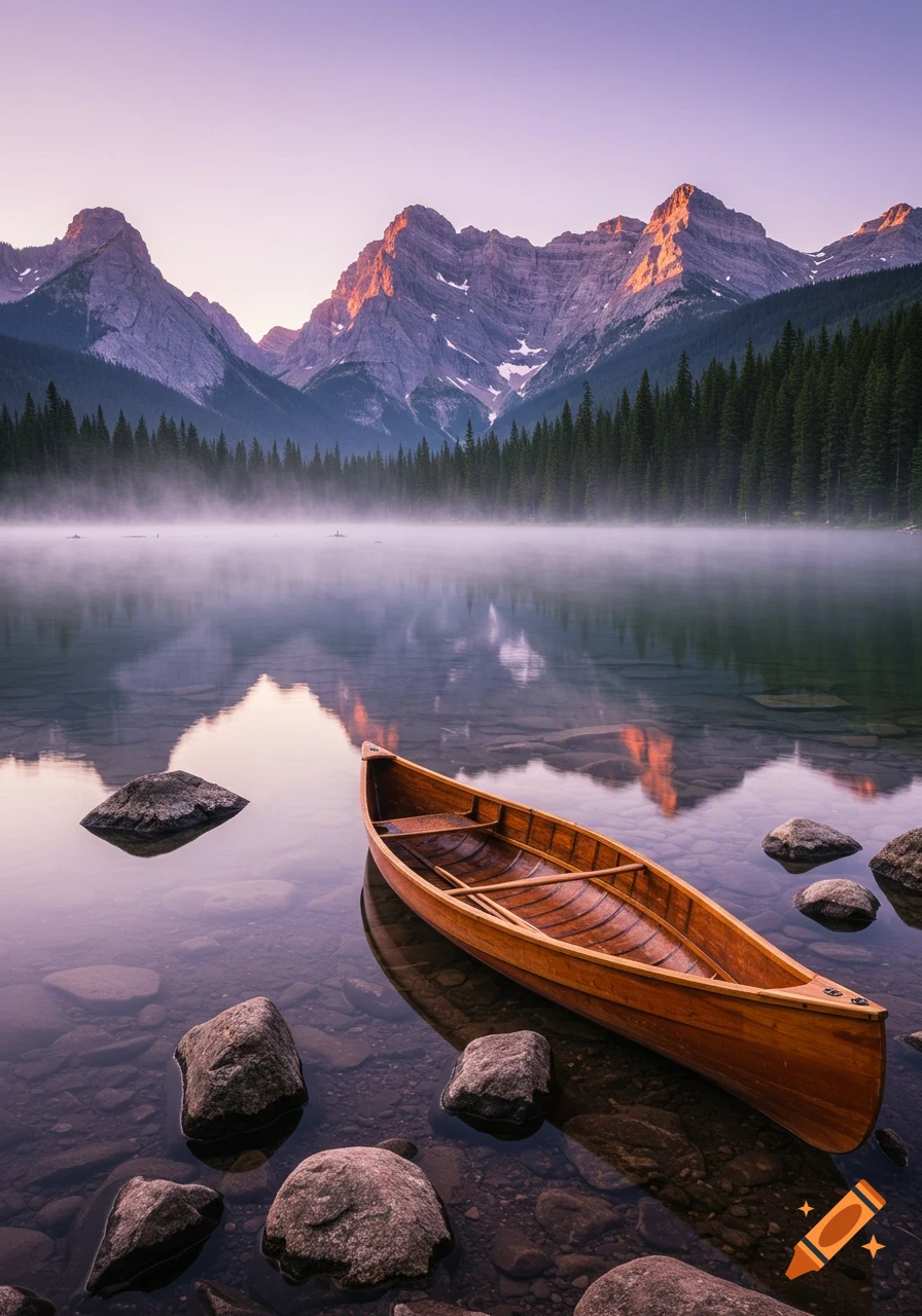 A wooden canoe floats on a still lake with morning mist, surrounded by pine forests and sunlit mountains at sunrise.