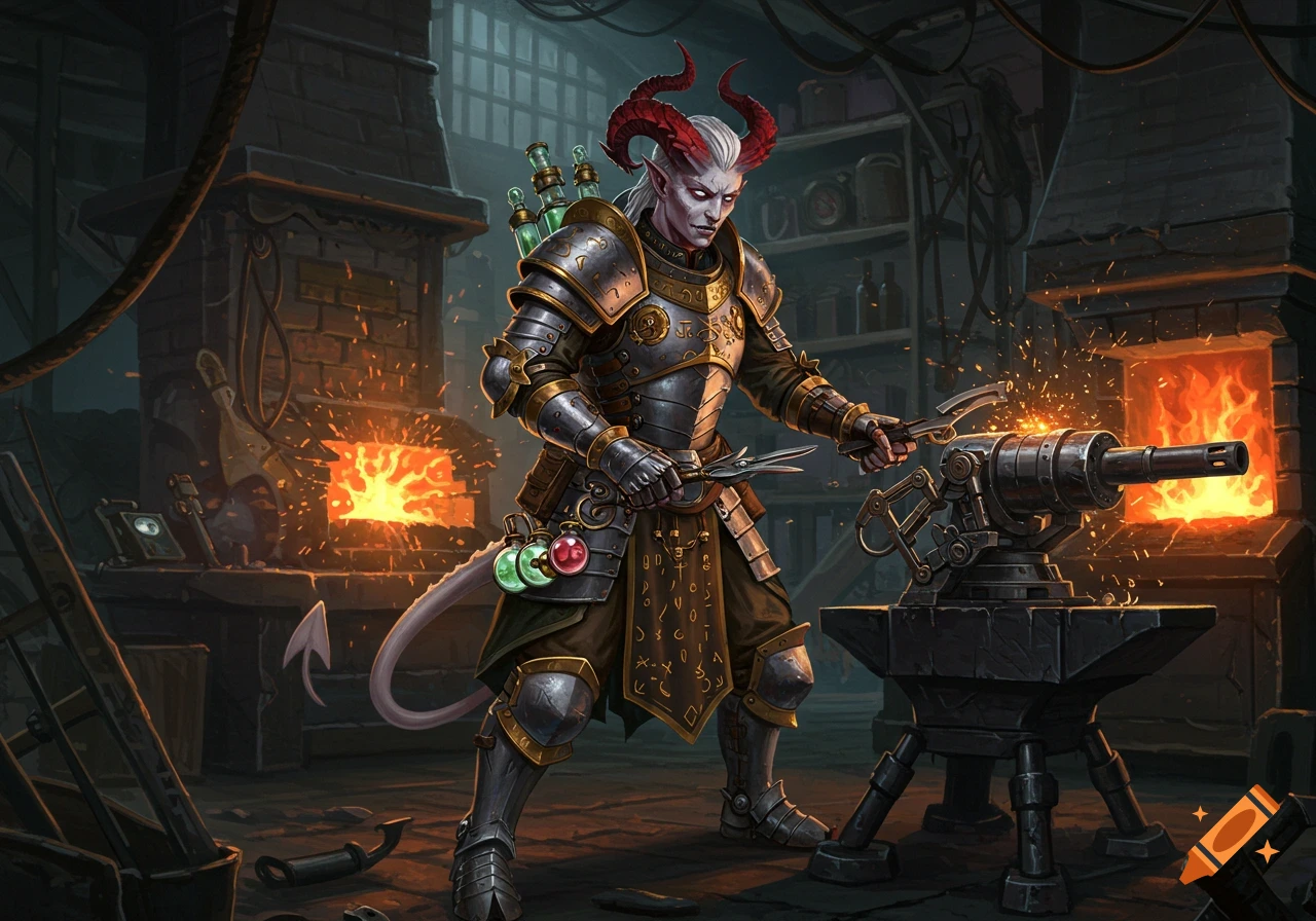 A tiefling Artillerist in ornate metal armor stands in a forge, working on a large, mechanical weapon on an anvil, sparks flying.