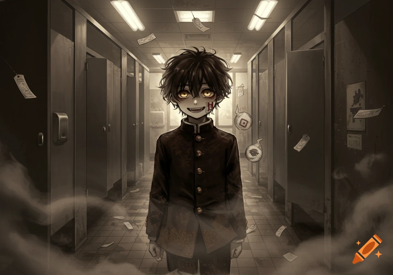 An anime boy with yellow eyes and a bloody mouth in a dark, spooky school bathroom with floating papers and spirits.