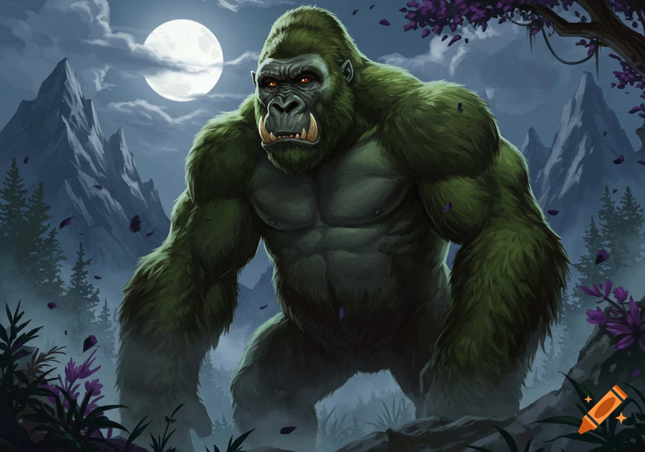 A massive, green, tusked orc gorilla stands under a full moon in a mystical, mountainous forest.
