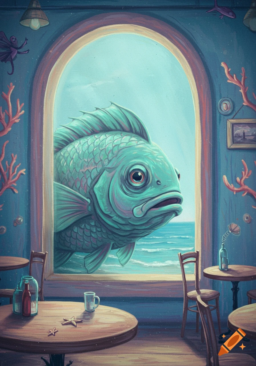 A pastel painting of a large, sad-looking green fish peering into a cozy blue cafe through an arched window, with the ocean visible behind it.